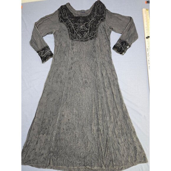 Sacred Thread Gray Embroidered Long Sleeve Maxi Dress Free Size Boho Velvet - Picture 2 of 7